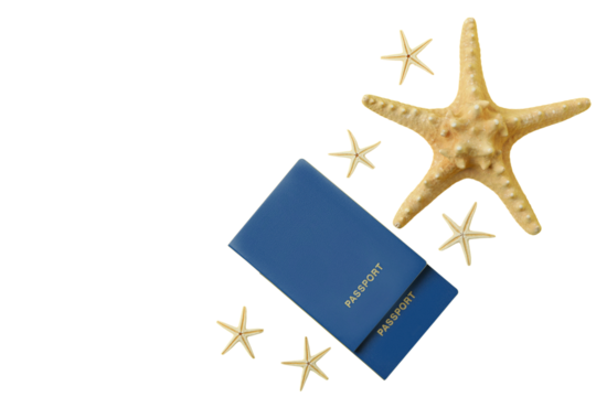 Passport next to starfish on white, symbolizing summer travel, isolated on white background