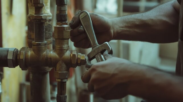 A plumber repairing pipes in a building under construction. Featuring technical skill and maintenance