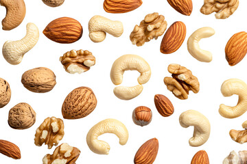 A seamless pattern of various nuts including almonds walnuts cashews and hazelnuts on a black background
