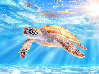 Fototapeta premium Sea Turtle Underwater Sunlight