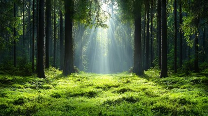 Obraz premium Sunlit Forest Path Lush Green Canopy and Dappled Light