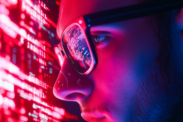 Computer, code hologram and man thinking of data analysis, night cybersecurity and software coding overlay. Programmer or person in glasses reading html script, programming or cybersecurity research