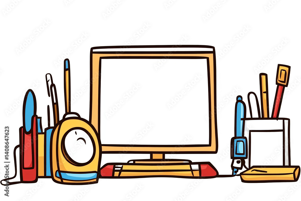 Poster cartoon illustration of a desktop computer and stationery objects