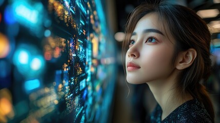 A young woman contemplates a futuristic display of data and information.
