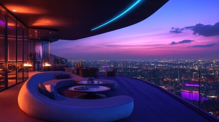 Luxury Penthouse Rooftop Lounge with Cityscape Sunset View