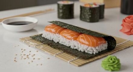 Close Up View Of Sushi Roll With Fresh Salmon And Ingredients On Table