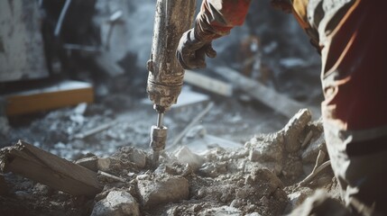 Tunnel construction worker drilling through rock with heavy machinery. Featuring power and technical skill