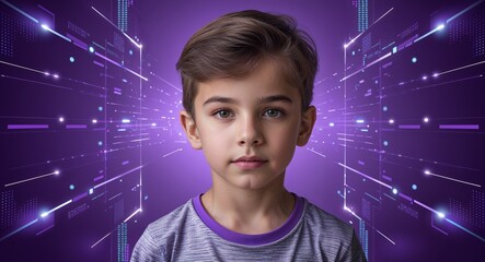 Caucasian boy on purple theme digital tech pattern background young kid child portrait design template banner with copy space