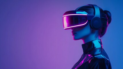 Virtual reality AI female robot with glowing neon head on a gradient backdrop showcasing advanced tech and the potential of face recognition and brain tech