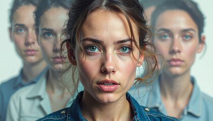 Central face surrounded by others to illustrate deepfakes and digital identity theft. Symbolic of AI deception, impersonation, and online privacy concerns.