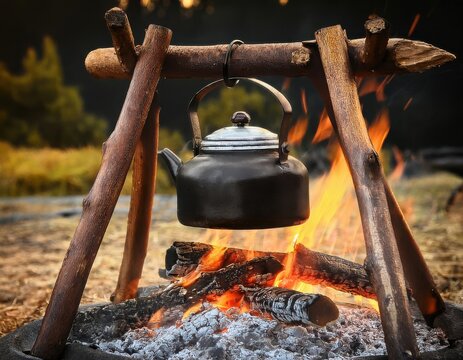 A rustic iron kettle hanging over an open fire