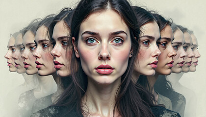 Central face surrounded by others to illustrate deepfakes and digital identity theft. Symbolic of AI deception, impersonation, and online privacy concerns.