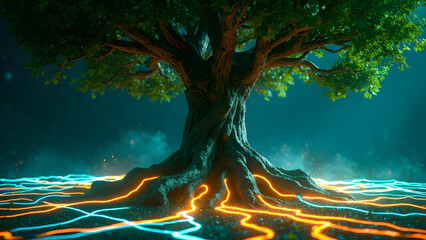 Majestic Tree with Neon Light Roots