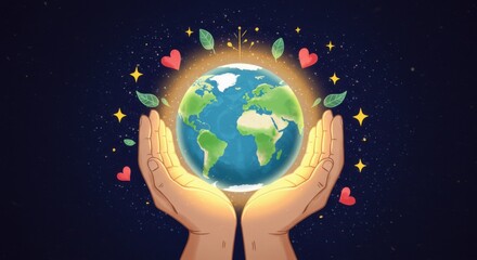 Illustration of hands holding Earth globe with hearts and leaves around