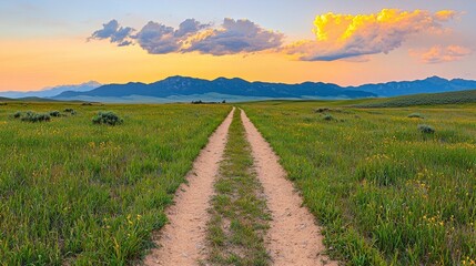 Naklejka premium Sunset over Wildflower Meadow and Mountain Range