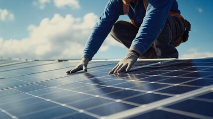 Solar panel installer mounting photovoltaic modules on a rooftop. Featuring renewable energy and sustainability