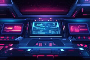 Obraz premium Futuristic technology dashboard with glowing blue lines and digital interface elements on dark background with neon highlights. Abstract tech concept.