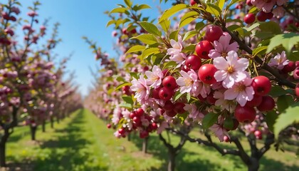 Fototapeta premium Blooming Apple Orchard: Pink Blossoms and Red Fruit in Spring Sunlight