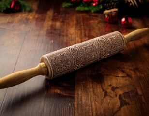Fototapeta premium A rustic rolling pin with engraved patterns