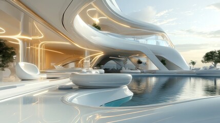 Fototapeta premium Futuristic Waterfront Villa: Architectural Marvel