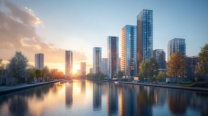 Fototapeta premium Cityscape sunset canal modern buildings reflection