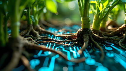Green Plant Roots on Circuit Board