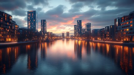 Naklejka premium Cityscape sunset canal reflection urban evening twilight