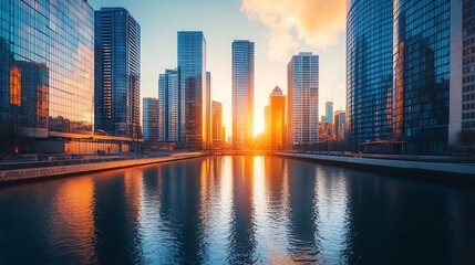 Fototapeta premium Cityscape sunset reflection, urban canal, modern buildings, financial district, success