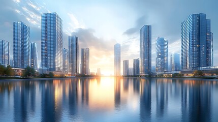 Fototapeta premium Cityscape sunset waterfront reflection buildings development