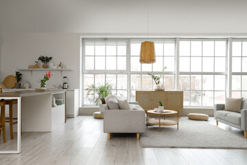 Interior of modern studio apartment with sofas, tables and kitchen counters