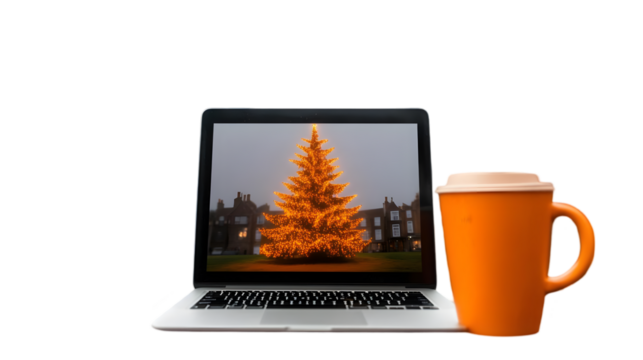 Festive Christmas Tree on Laptop Screen with Orange Mug Illustration