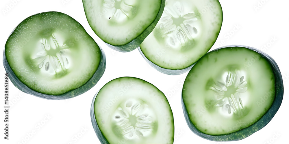 Poster fresh green cucumber slices isolated on transparent background