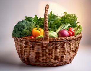 A rustic wicker basket used for carrying vegetables