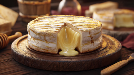Camembert cheese wheel with slice removed, gooey center