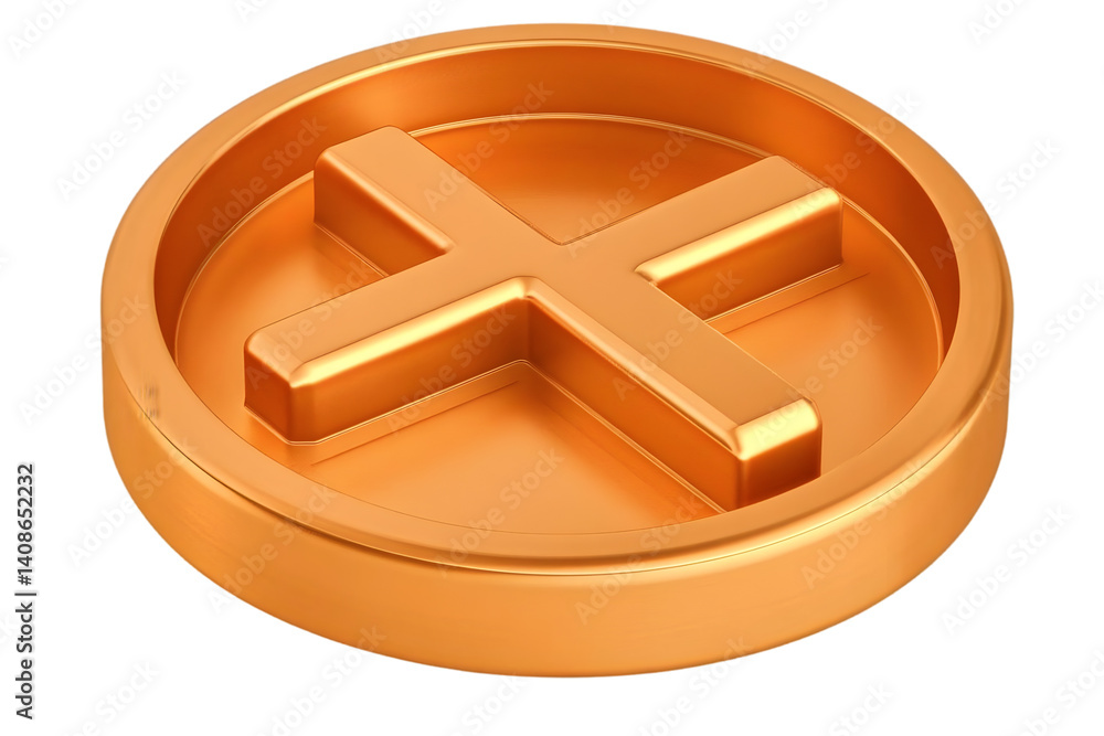 Poster gold metallic cross symbol on a round button isolated on transparent background