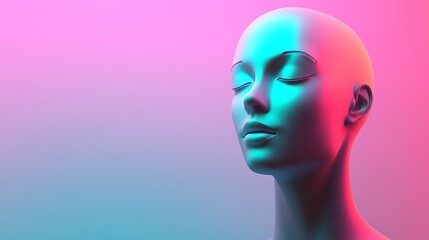 3D AI female robot with a glowing head model on a gradient backdrop showcasing mind, brain, and virtual reality possibilities in advanced tech