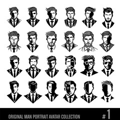 Original man portraits, avatars, black and white vector collection No 1
