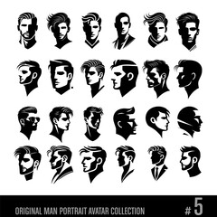 Original man portraits, avatars, black and white vector collection No 5