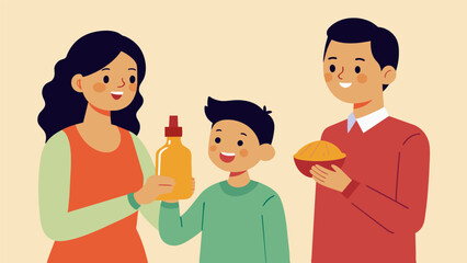 Fototapeta premium Each family member took turns passing around the traditional hot sauce adding a y kick to their arepas as they chattered and caught up on the mornings events.. Vector illustration