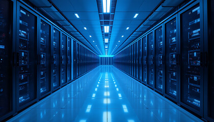 A Long Hallway Of Servers Is On Displayed, Data Processing, Cloud Computing, Modern Technology, High Speed Network, Technology Infrastructure