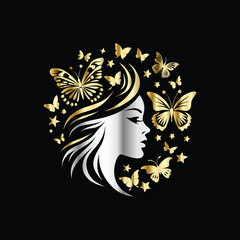 Beauty woman face with butterflies. Vector illustration for beauty salon, spa, cosmetics, fashion, beauty boutique. Beautiful girl face with butterfly. Luxury beauty salon logo.