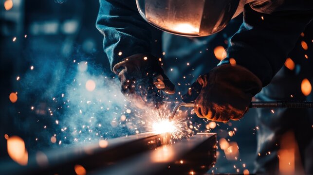 A welder joining steel beams at a construction site. Featuring sparks and craftsmanship