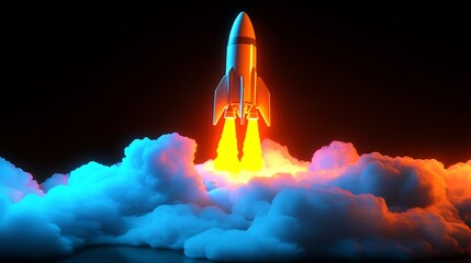 Fototapeta premium Illustration of a rocket taking off with a neon light background startup concept