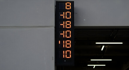 Digital Display Showing Numerical Data With Illumination Against Modern Architecture