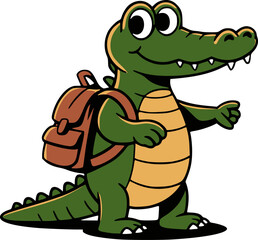 Fototapeta premium Cute Cartoon Crocodile alligator with Backpack – Colorful Children's Illustration, Playful Reptile Character for Kids' Books, Nursery Decor, logo and Educational Designs