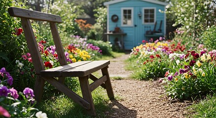 Fototapeta premium Rustic bench overlooking vibrant flowerbed, gravel path to blue garden shed, sunny day.