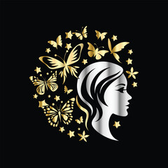 Beauty woman face with butterflies. Vector illustration for beauty salon, spa, cosmetics, fashion, beauty boutique. Beautiful girl face with butterfly. Luxury beauty salon logo.