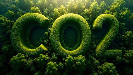 Rainforest canopy shaped into "CO2" letters filled with green energy terms. Sunlit leaves contrast with white typography for strong environmental message.