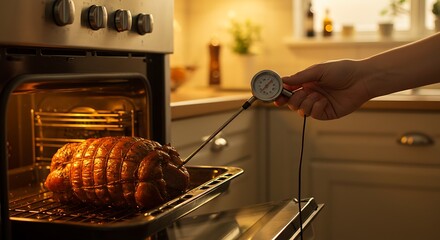 Roast Temperature Check: Oven-Baked Meat with Probe Thermometer in Warm Kitchen Light.