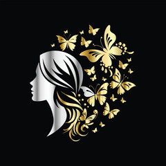 Beauty woman face with butterflies. Vector illustration for beauty salon, spa, cosmetics, fashion, beauty boutique. Beautiful girl face with butterfly. Luxury beauty salon logo.